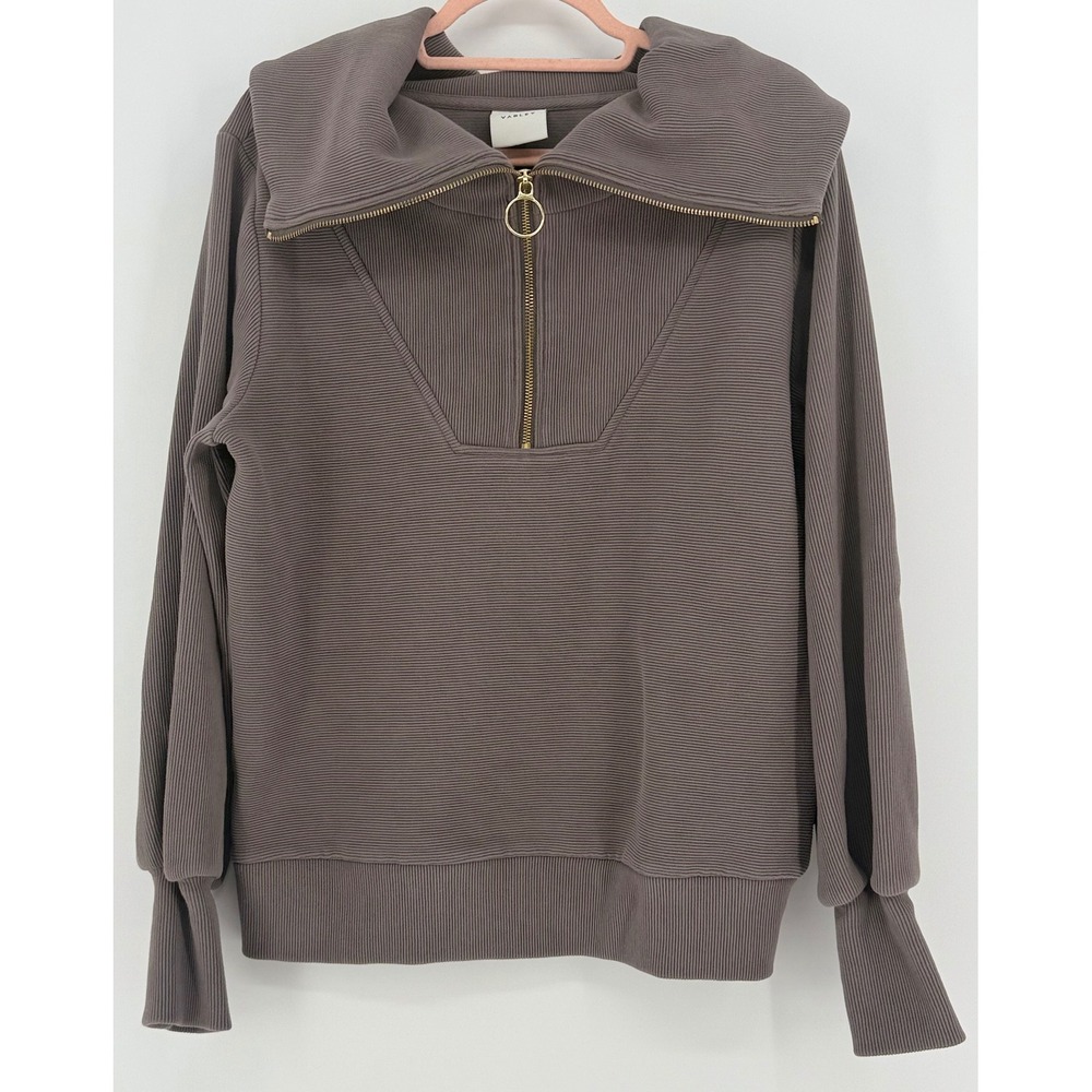 Varley Vine Half Zip Pullover Ottoman Ribbed Sweatshirt Taupe Brown Small Womens